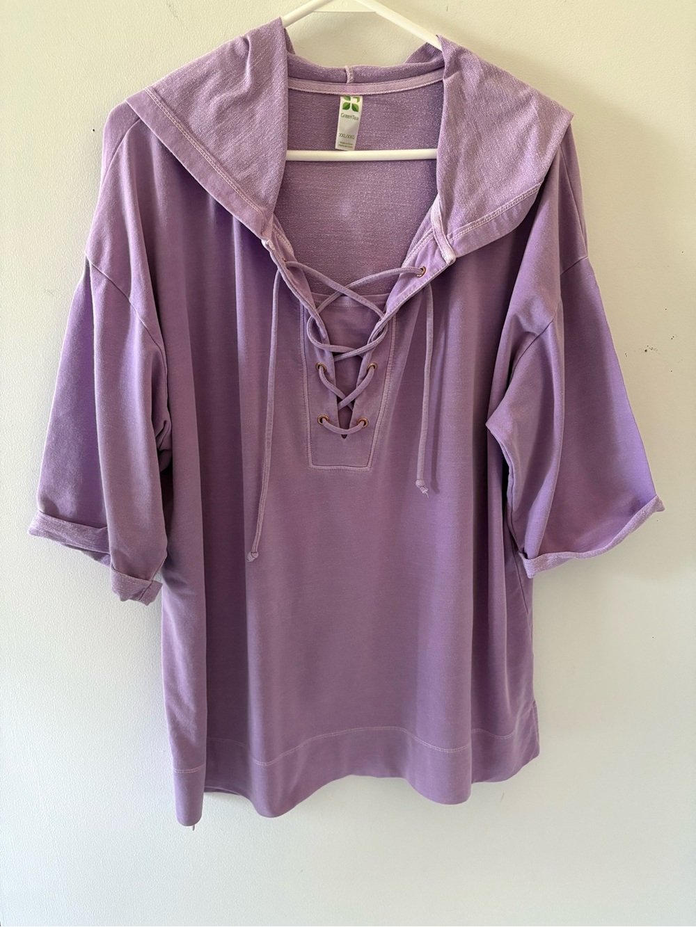 Green Tea Plus Size Violet Purple Lace-Up Hoodie Top 3/4 Sleeve